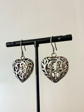 Sterling Puffy Heart Filigree Earrings - Romantic Openwork Design